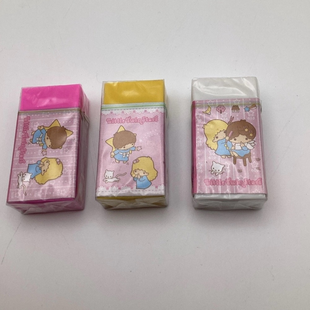 Little Twin Stars Vintage erasers Pink , Yellow , White 2003 NIP